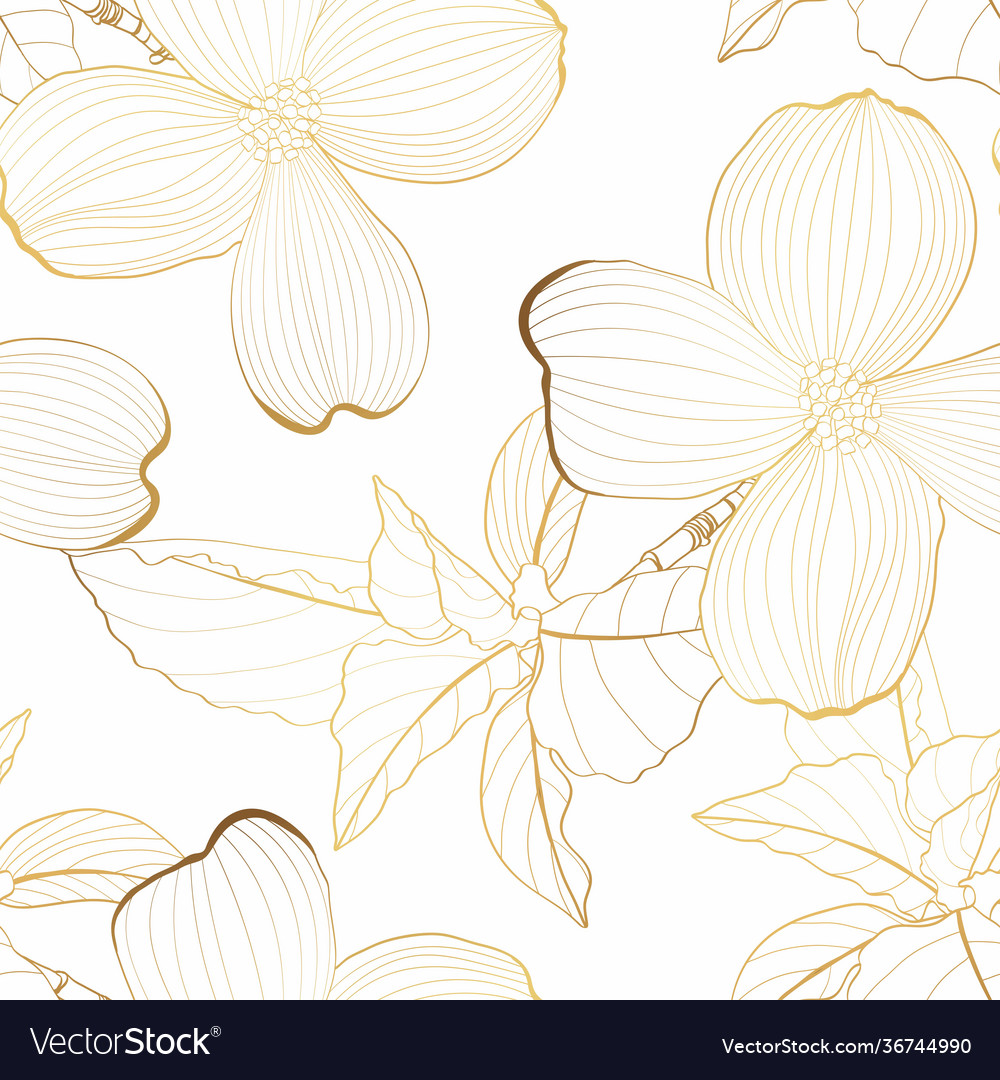 Dogwood branch with golden line flowers seamless vector image Dogwood branch with golden line flowers seamless