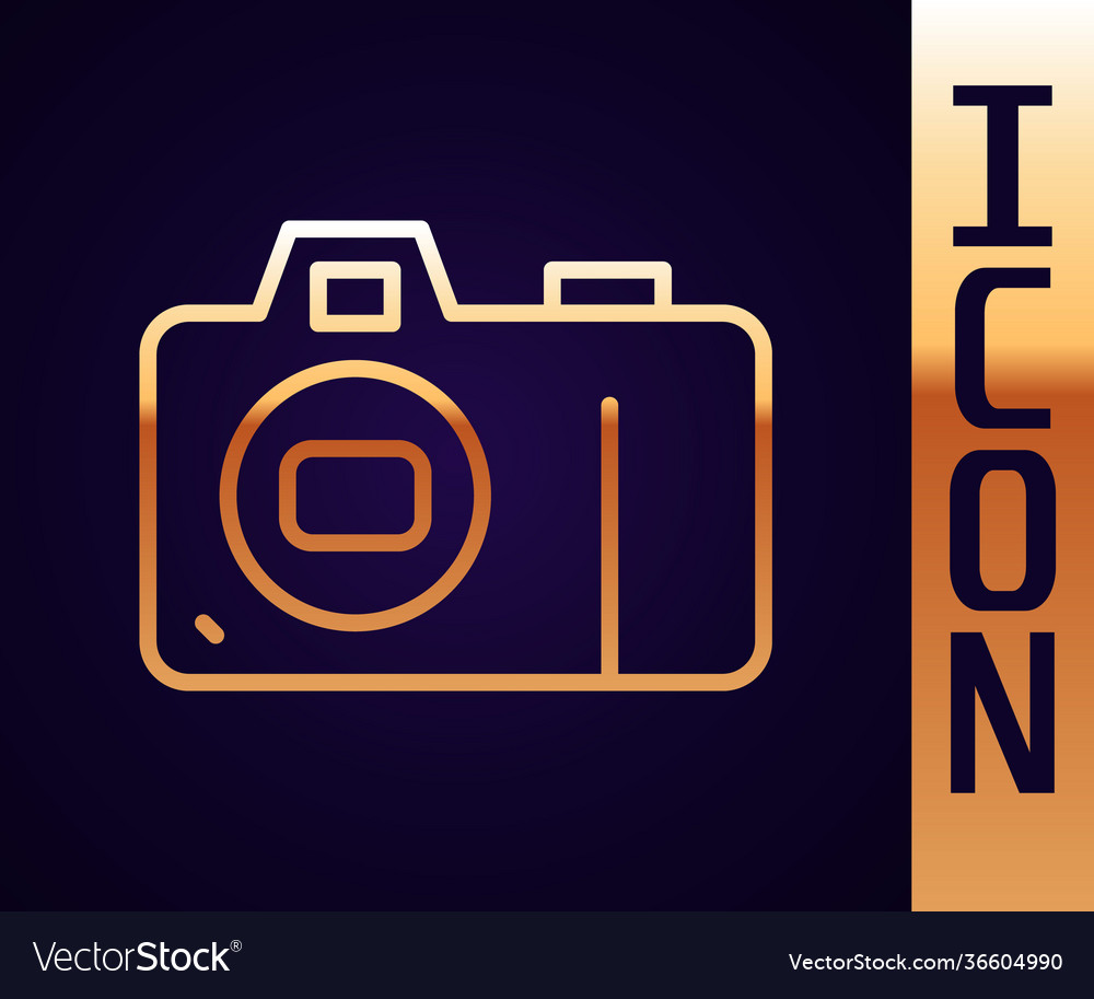 Gold line photo camera icon isolated on black