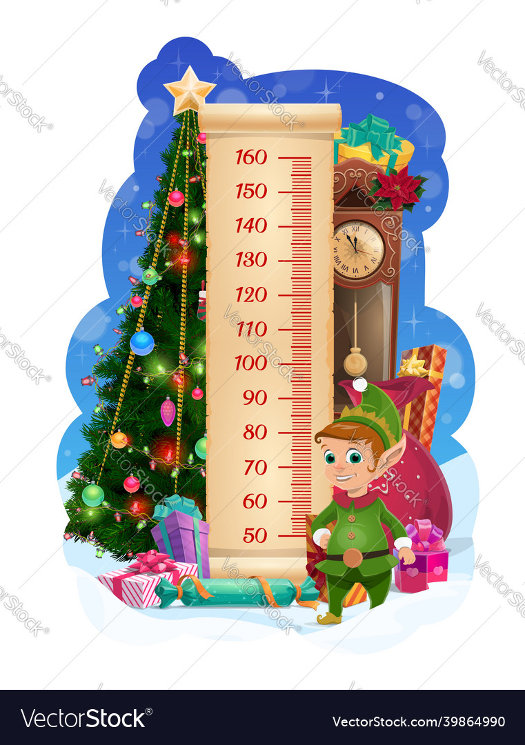 Kids height chart with christmas tree and cute elf vector image Kids height chart with christmas tree and cute elf