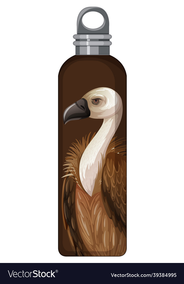 A brown thermos bottle with vulture pattern