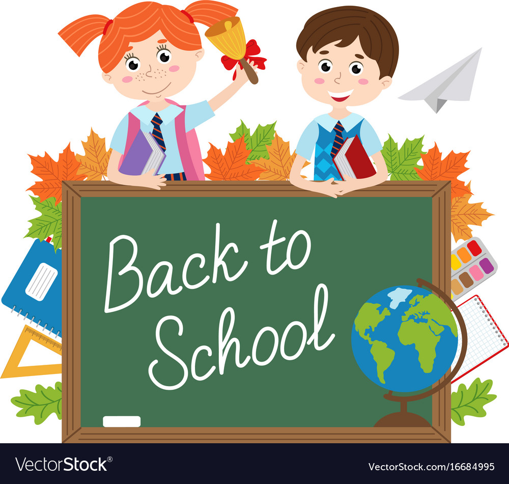 Blackboard with pupils and school supplies Vector Image