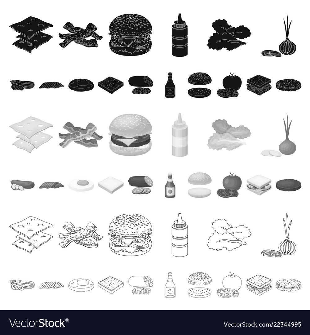 Burger and ingredients cartoon icons in set