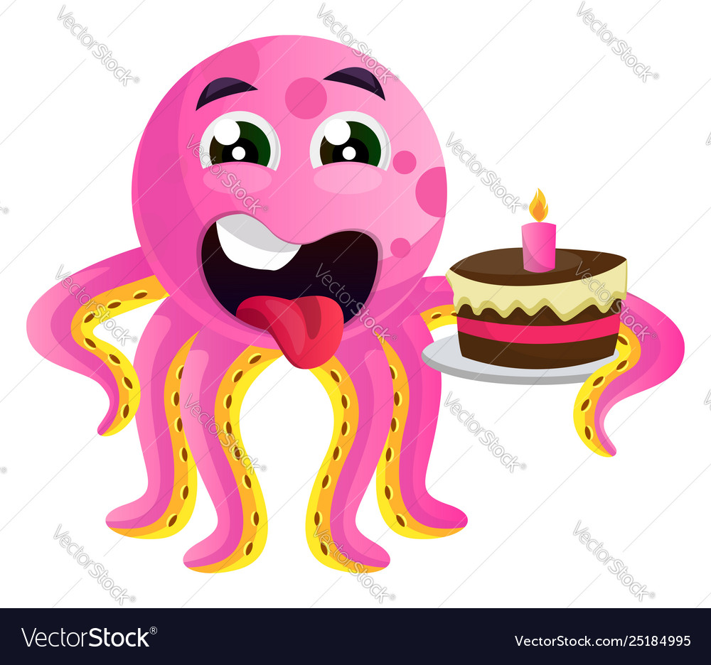 Octopus with a birthday cake on white background Vector Image