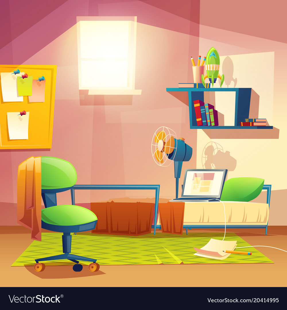 Student small room cartoon bedroom Royalty Free Vector Image