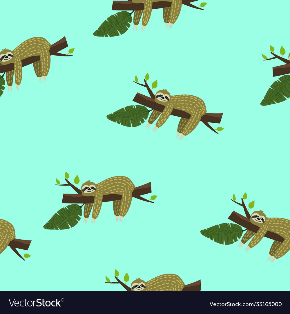 Cute sloth on tree seamless pattern with funny