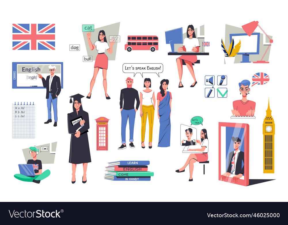 English Learning Flat Set Royalty Free Vector Image English Learning Flat Set Royalty Free Vector Image