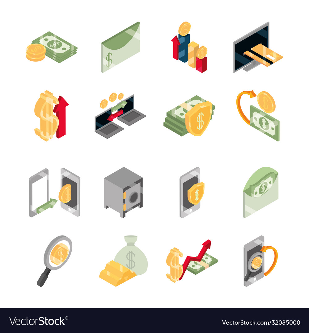 Isometric money cash currency business coins Vector Image