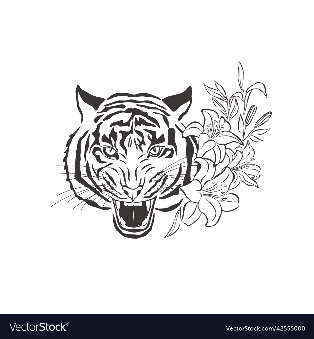 Tiger with flowers on white background