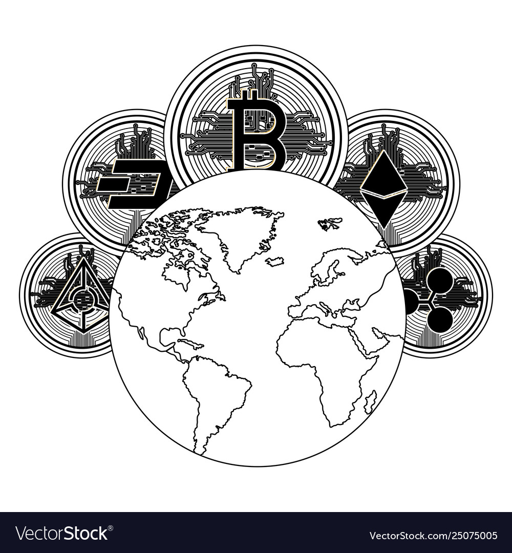 Cryptocurrency set coins and world planet