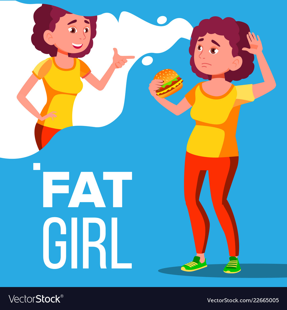 Fat girl eating a hamburger and dreaming to be Vector Image