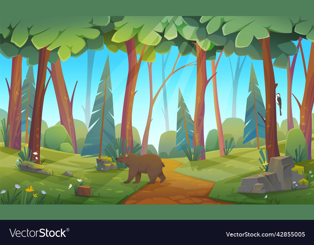 Forest glade with greenery and wild animal bear