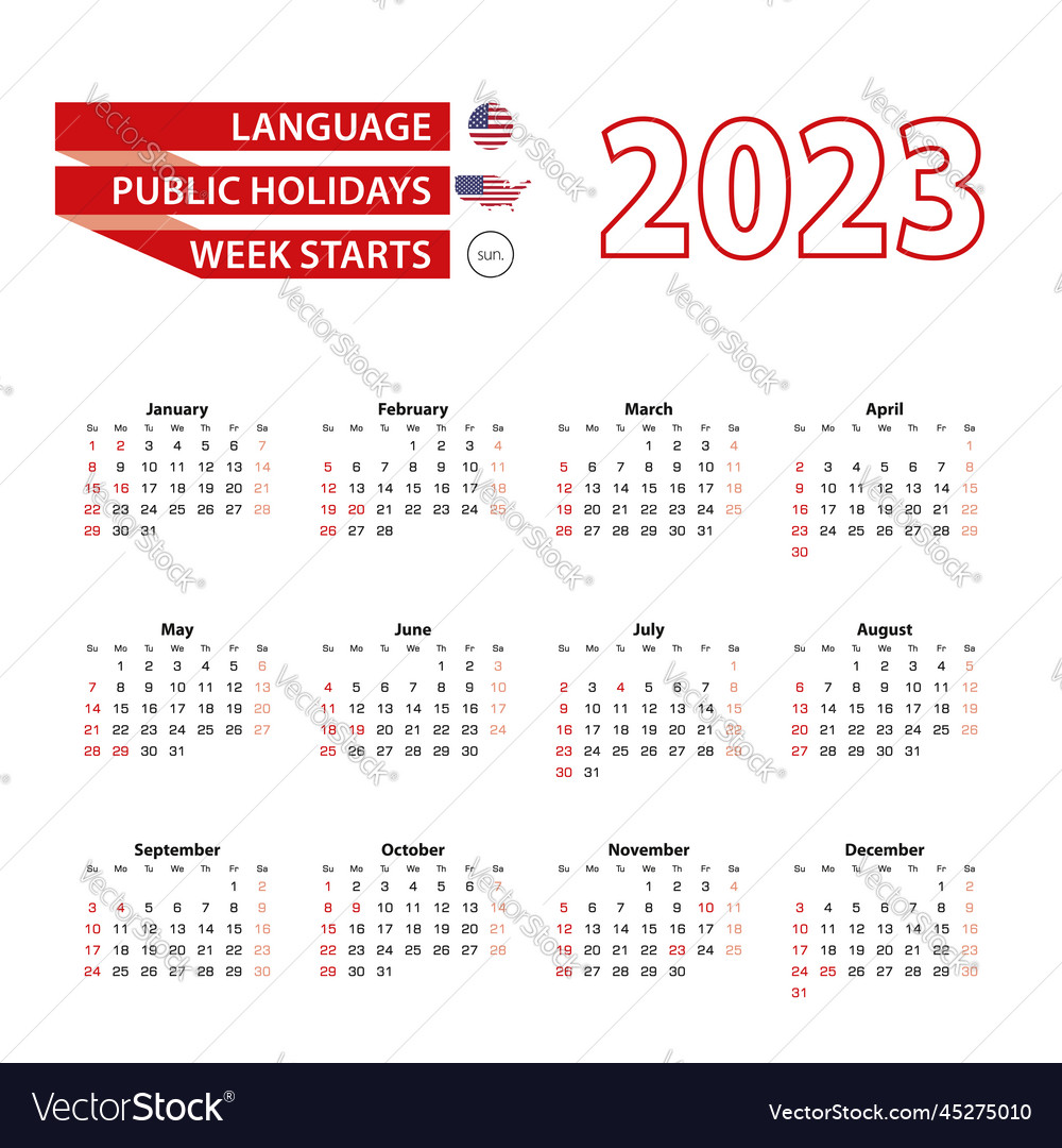 Calendar 2023 in english language with public