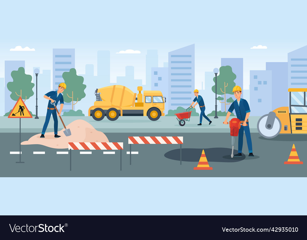 Road works workers repair street renovate asphalt Vector Image