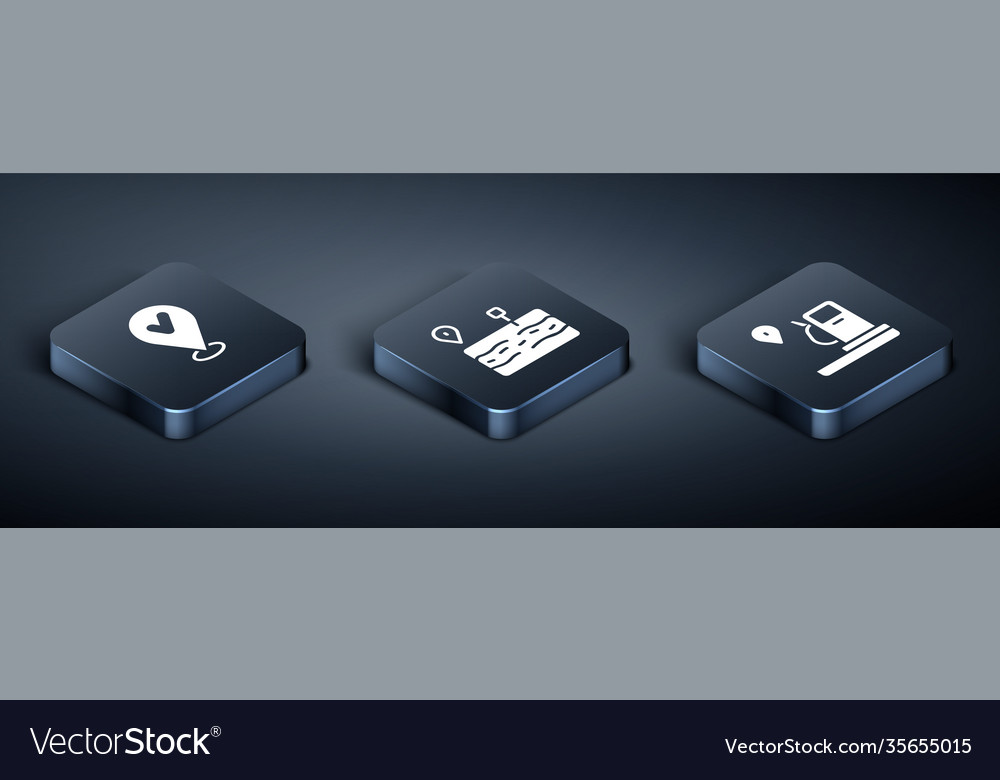 Set isometric location with check mark and gas vector image Set isometric location with check mark and gas