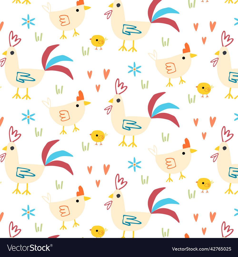 Pattern with rooster hen and chick