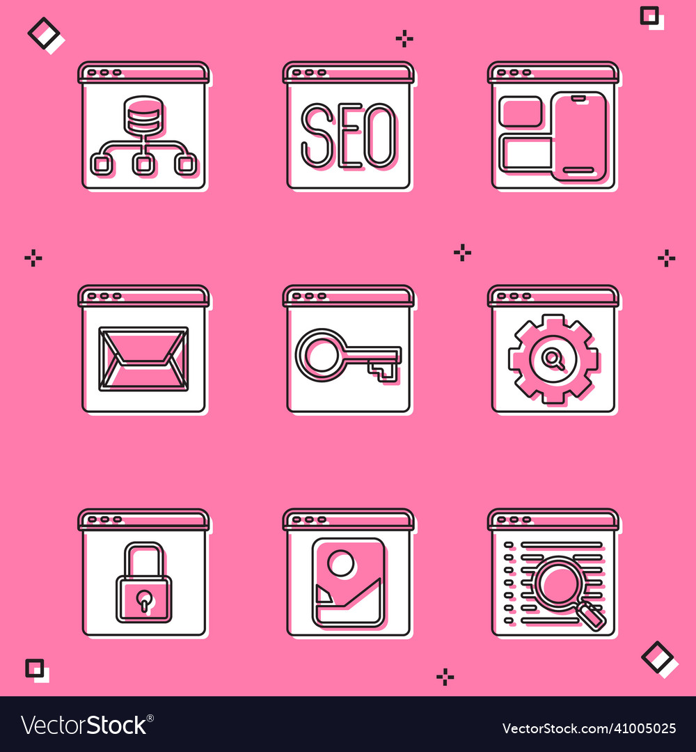 Set server data seo optimization web developer vector image Set server data seo optimization web developer