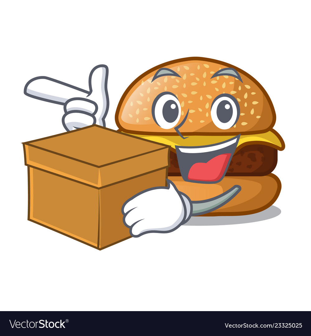 Mit Schachtel Käse lecker Burger auf Charaktertisch vector image Mit Schachtel Käse lecker Burger auf Charaktertisch