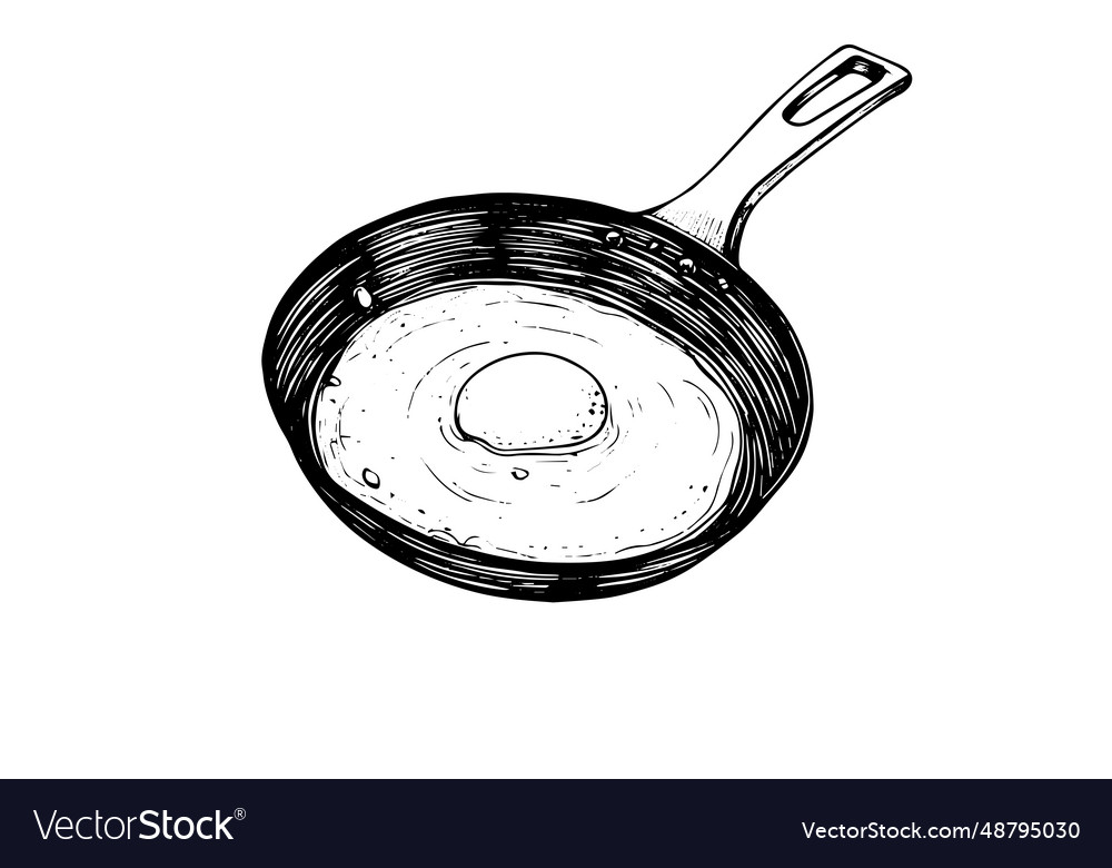 Fried egg on a frying pan hand drawn ink sketch