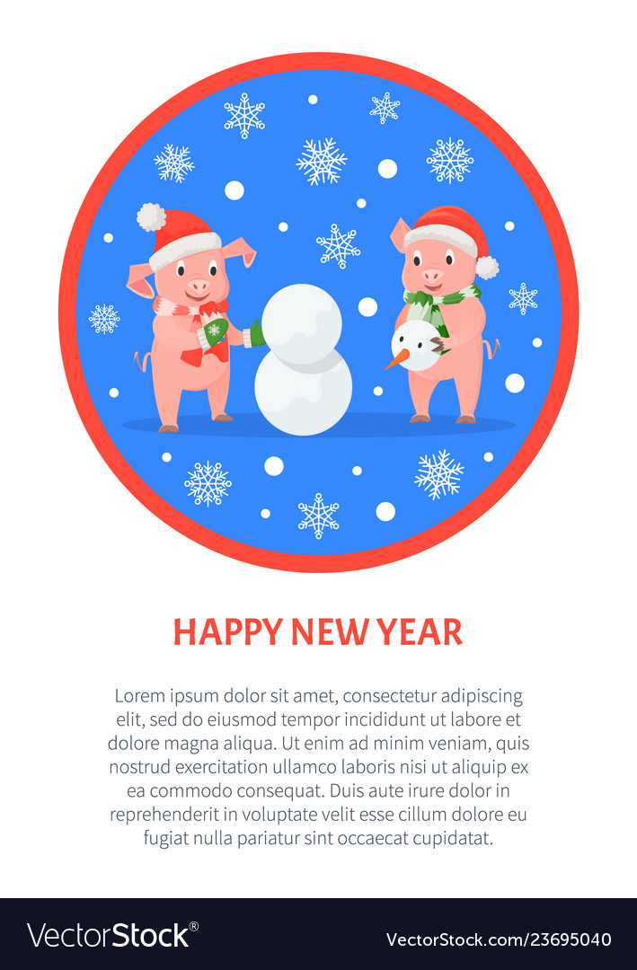 Happy new year greeting cards pigs in round frame