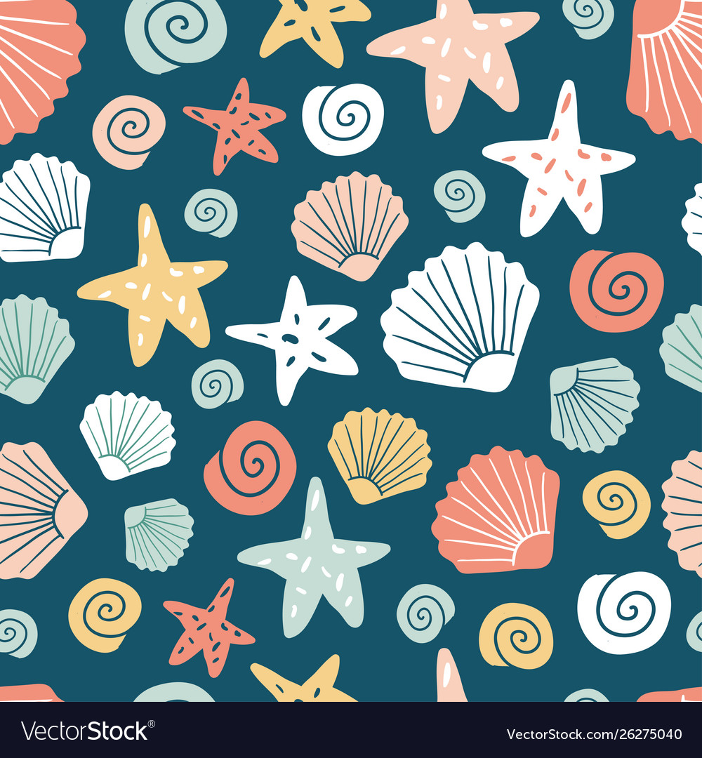 Seamless pattern with shells and starfish