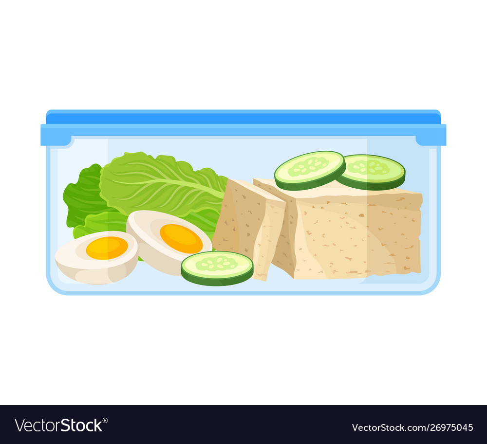 Container with feta cheese and vegetables Vector Image