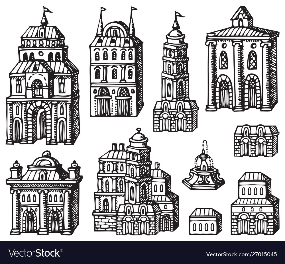Set hand drawn houses old style building Vector Image