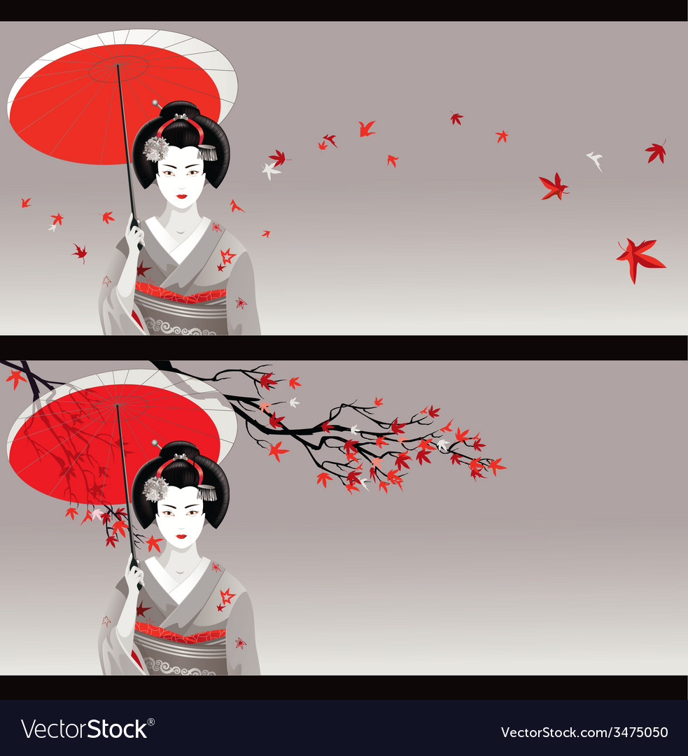 Vector illustration of young Japanese woman in traditional clothes as seaso...