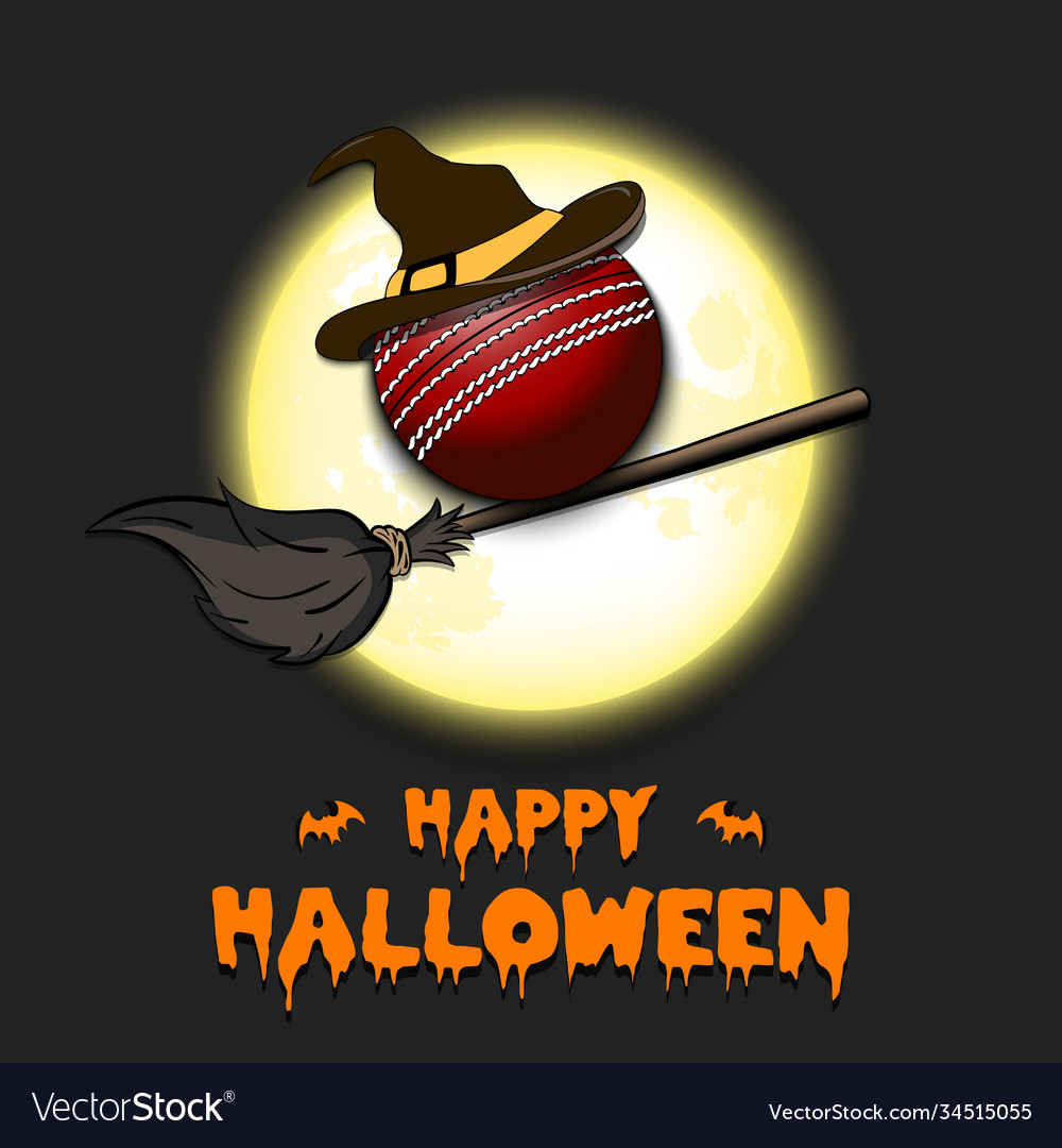 Happy halloween cricket ball on a broomstick