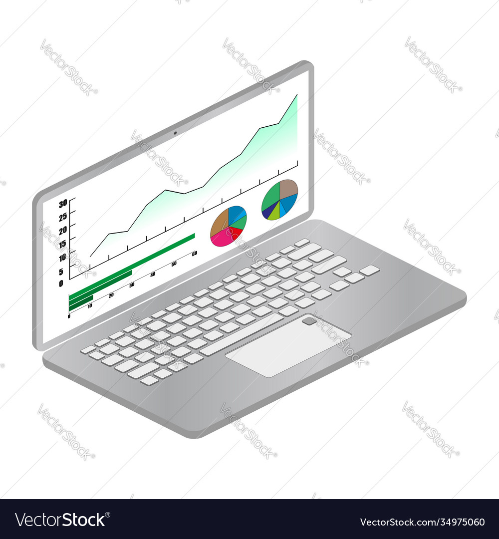 Isometric laptop with graphs and charts on screen vector image Isometric laptop with graphs and charts on screen