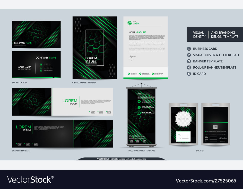 Modern black green stationery mock up set