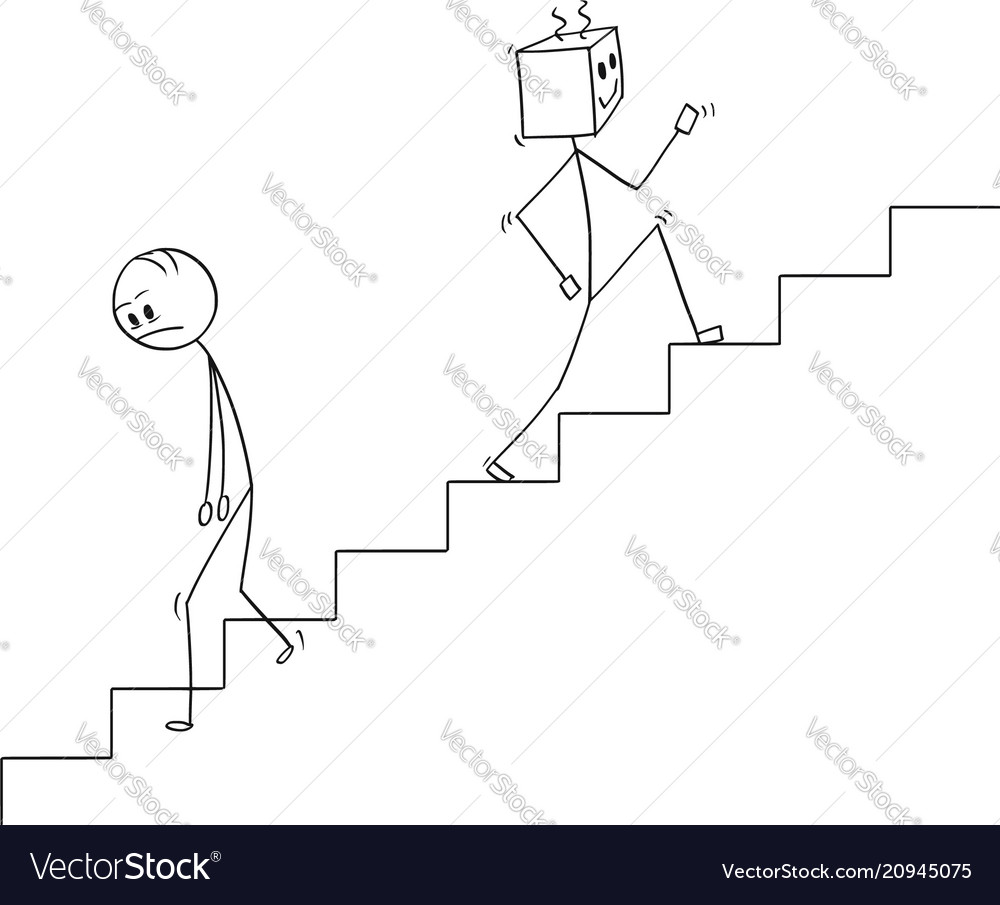 Cartoon of human going down the stairs and robot Vector Image