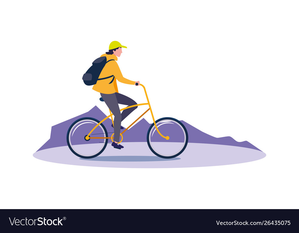 Traveler man with bag riding bicycle