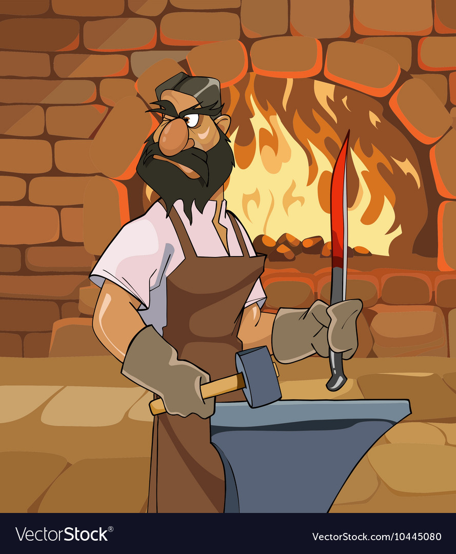 Cartoon male blacksmith forges a sword