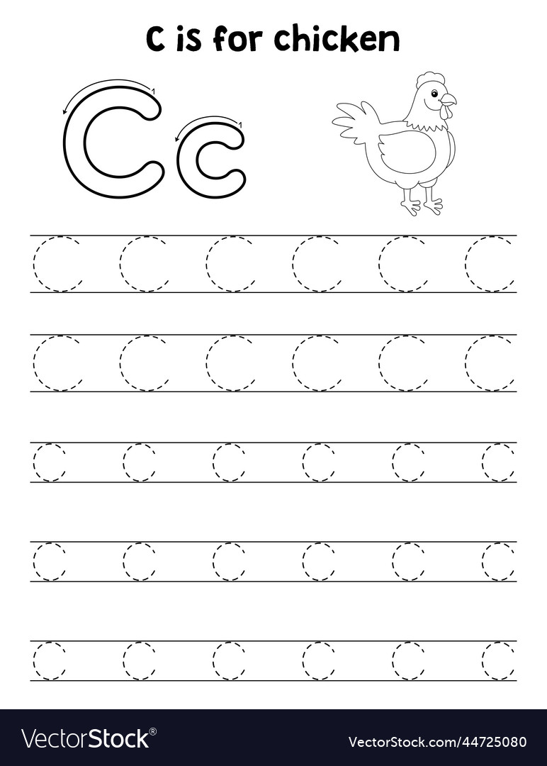 Chicken animal tracing letter abc coloring page c vector image Chicken animal tracing letter abc coloring page c