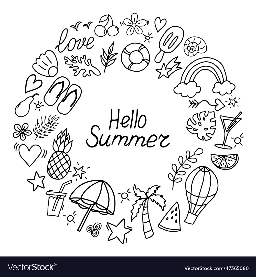 Summer doodles icon set in round hello Royalty Free Vector