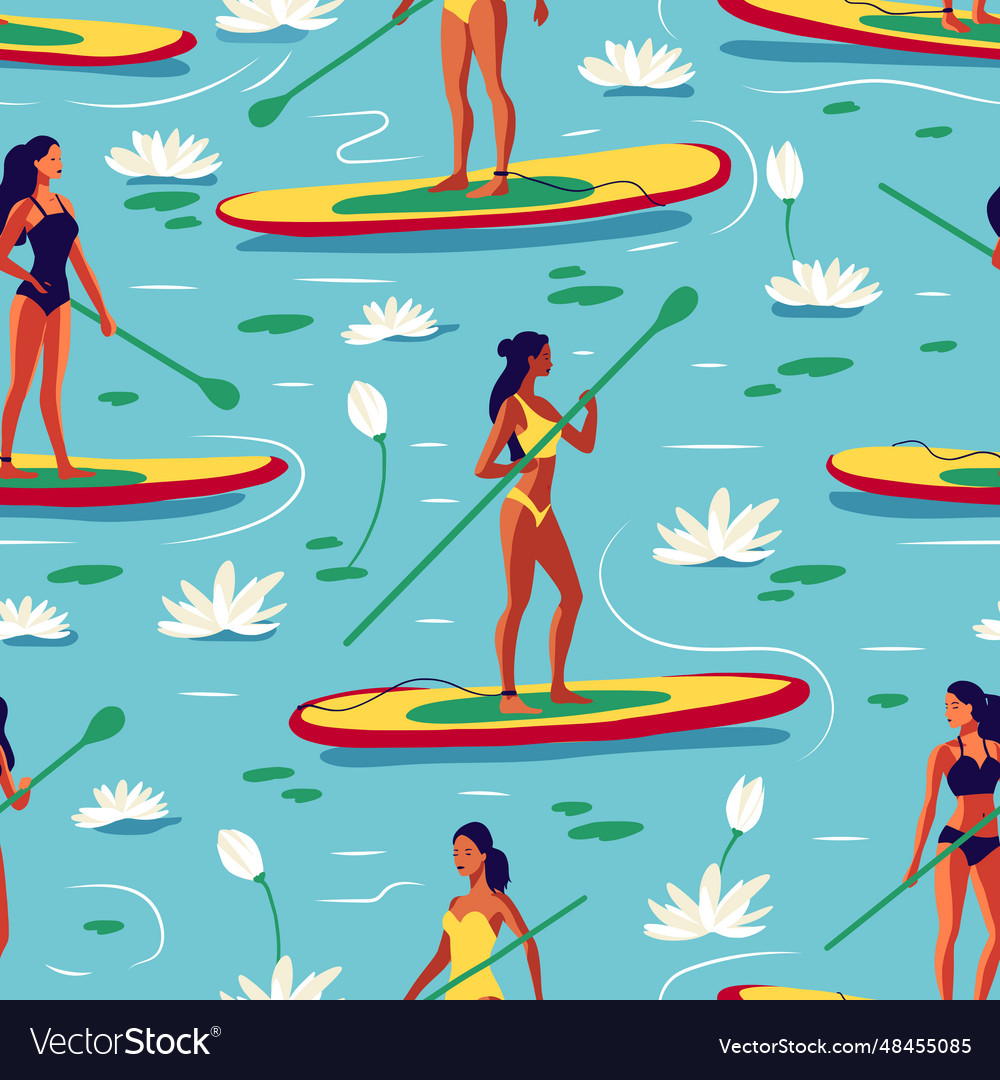 Woman on a sup board the lake among water lily