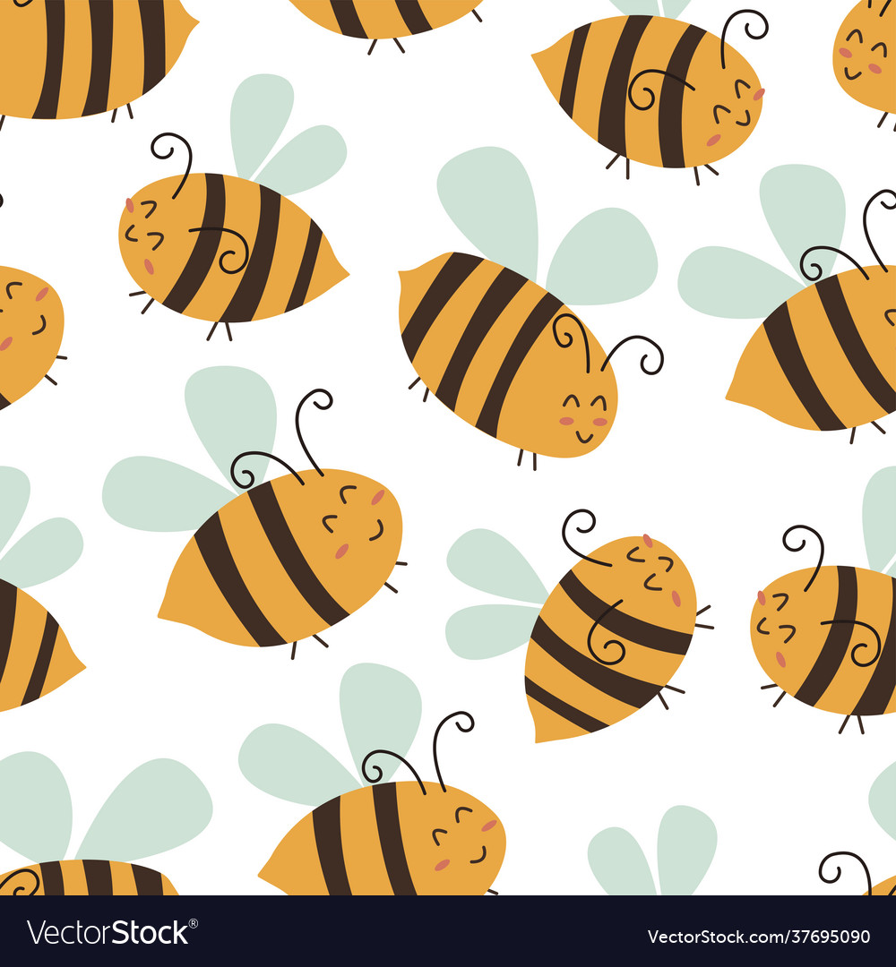 Seamless pattern with happy bees hand