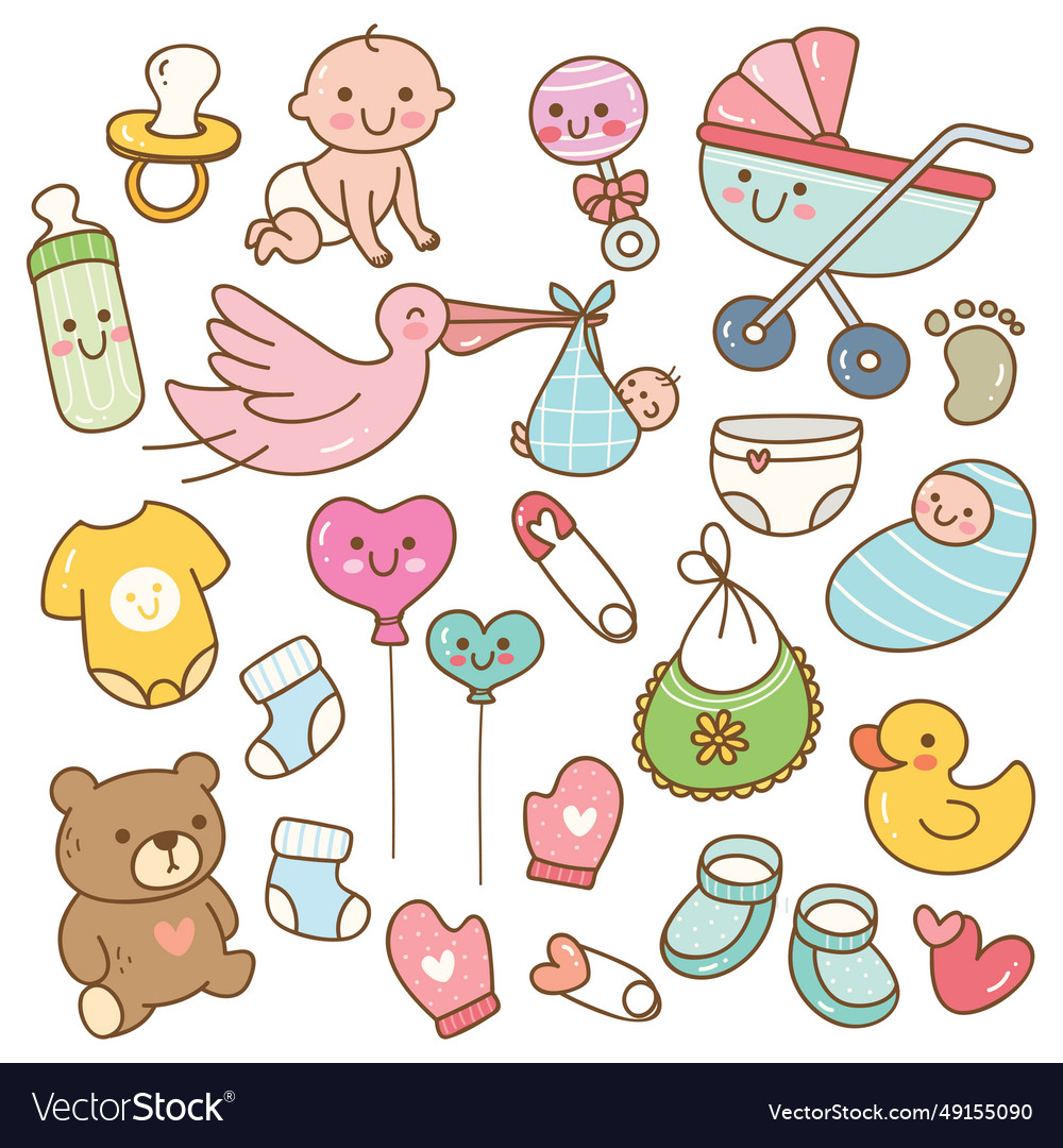Set von kawaii baby liefert doodle elemente vector image Set von kawaii baby liefert doodle elemente