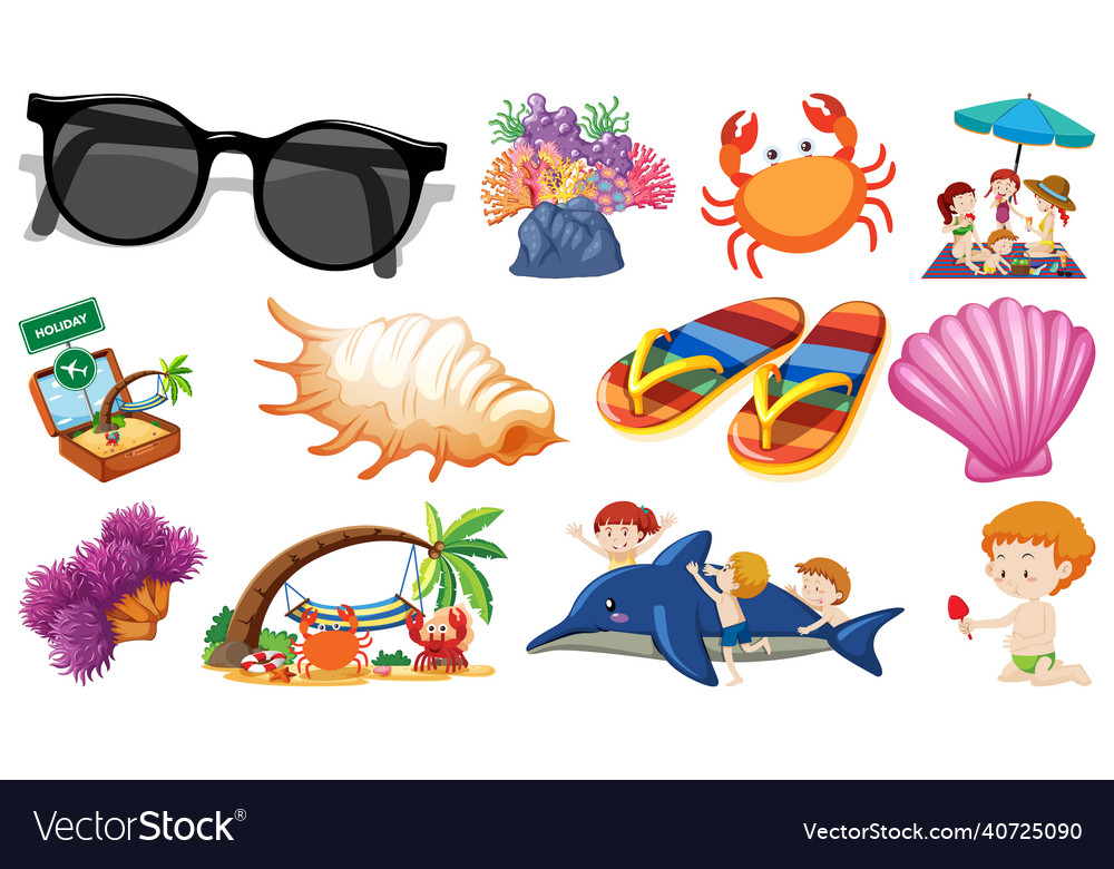 Set of summer beach objects and cartoon characters vector image Set of summer beach objects and cartoon characters