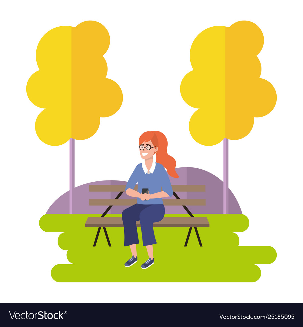 Millennial sitting on park bench outdoors Vector Image