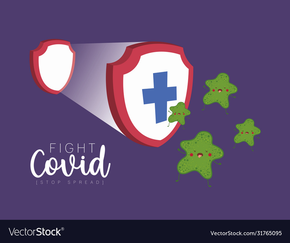 Shield with cross and covid19 19 virus kawaii Vector Image