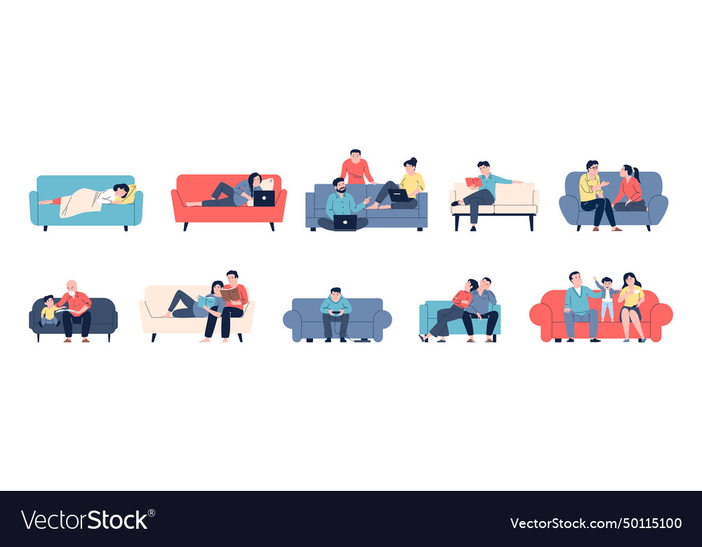 Characters on comfy sofas rest with family