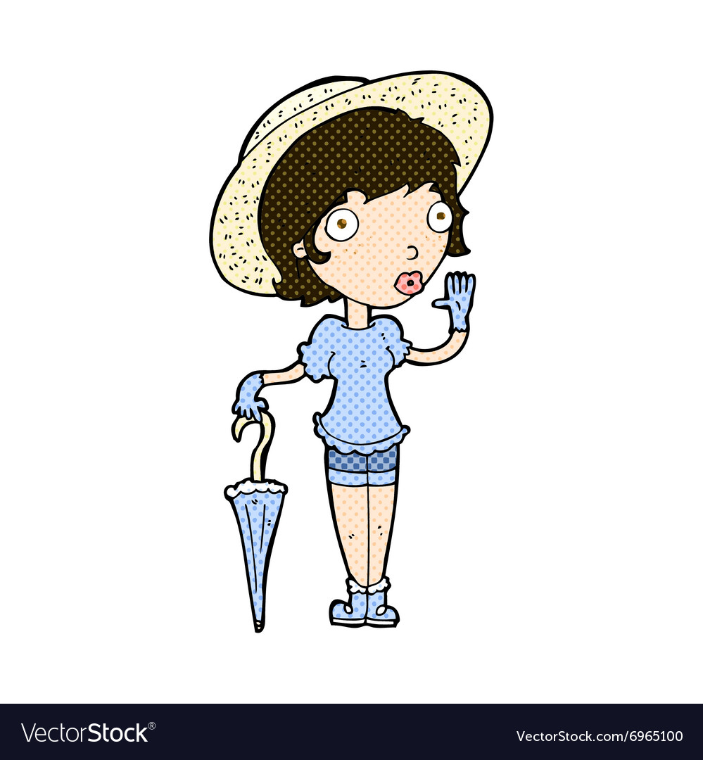 Comic cartoon woman in summer hat waving