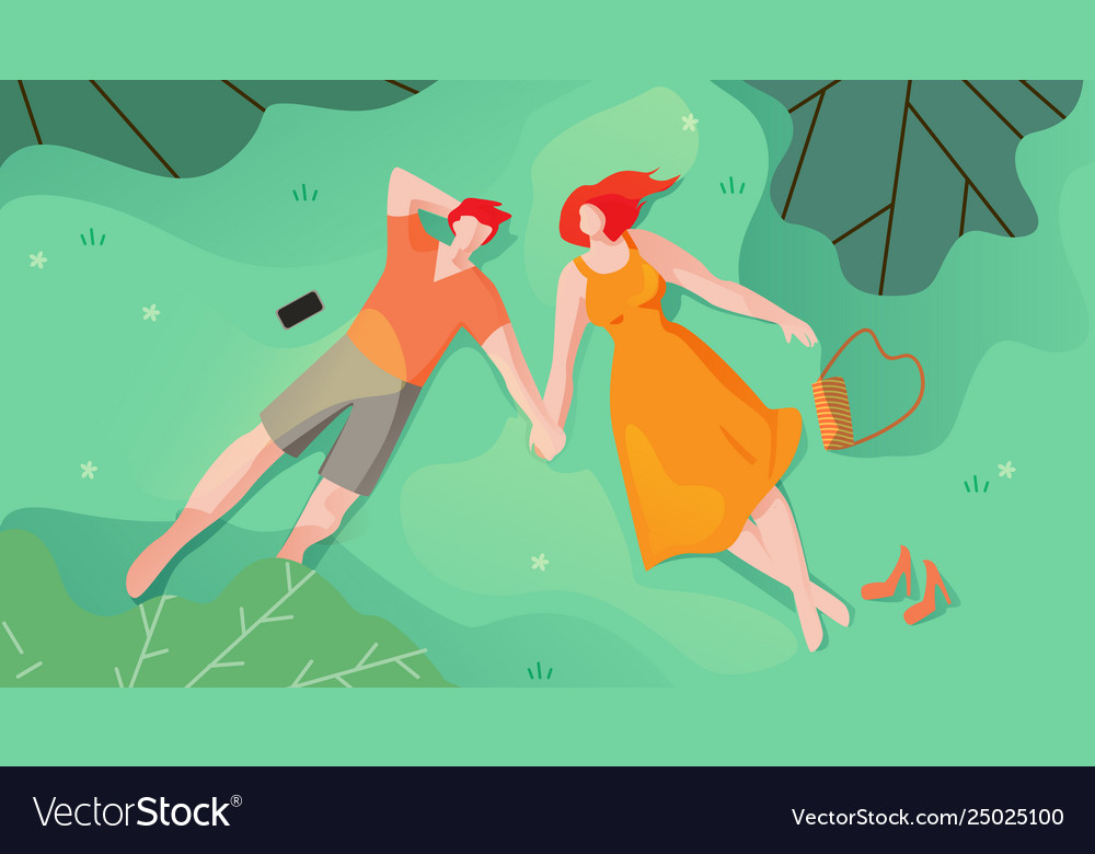 Couple in love lie on grass and look at sky flat Vector Image