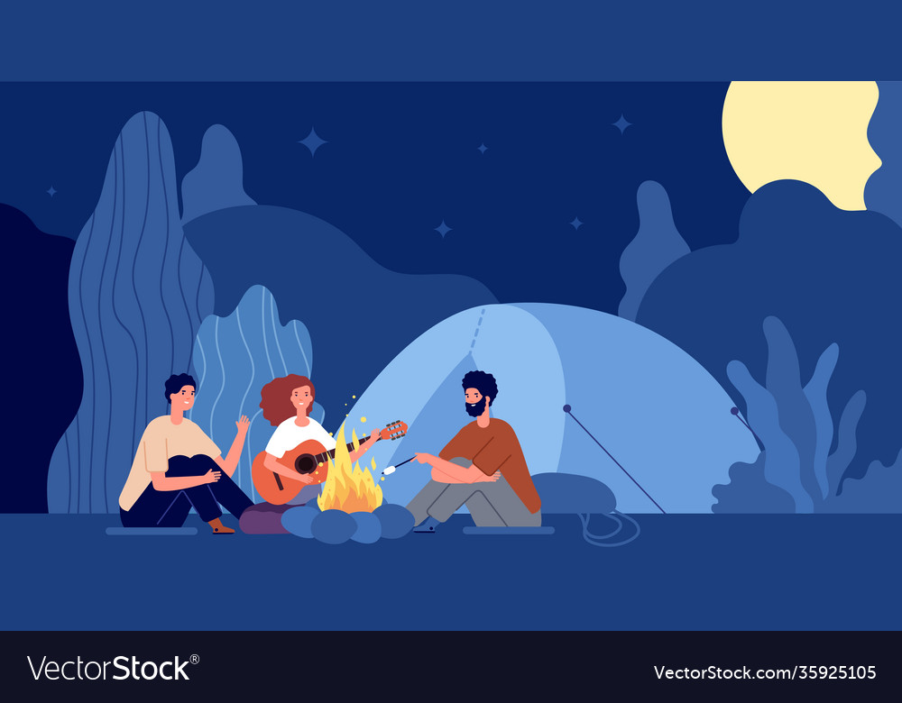 People sitting fire scary night campfire Vector Image