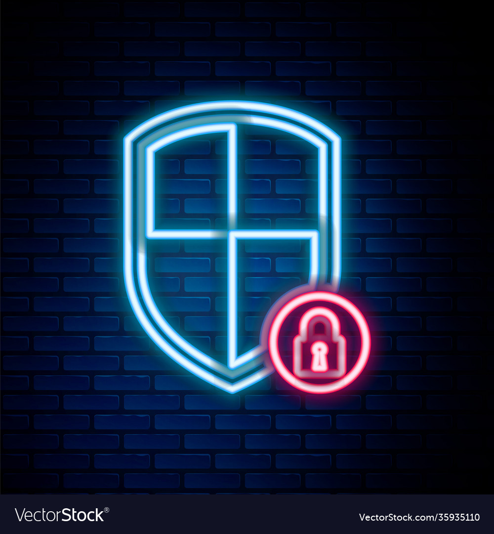 Glowing neon line shield security with lock icon