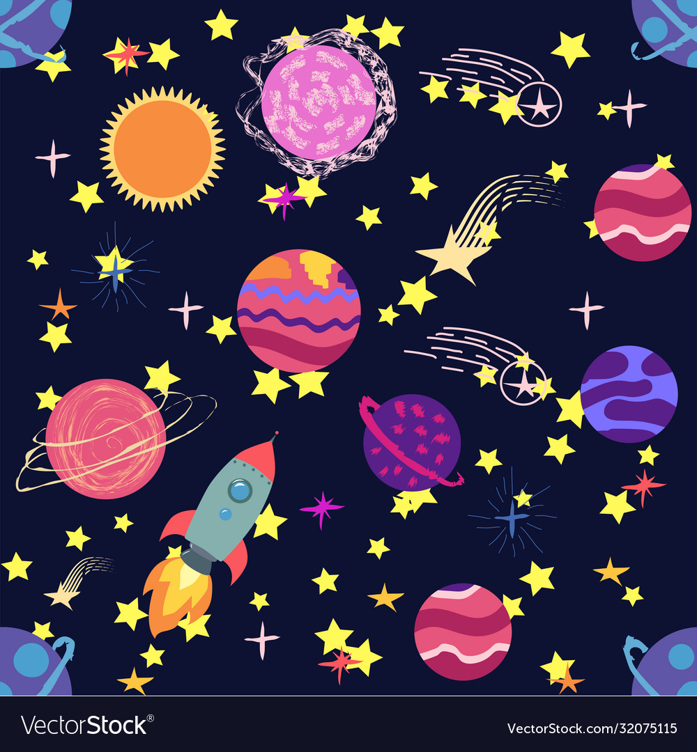 Seamless pattern planets rockets and stars Vector Image