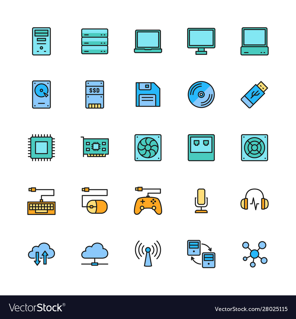 Set computer components color line icons Vector Image