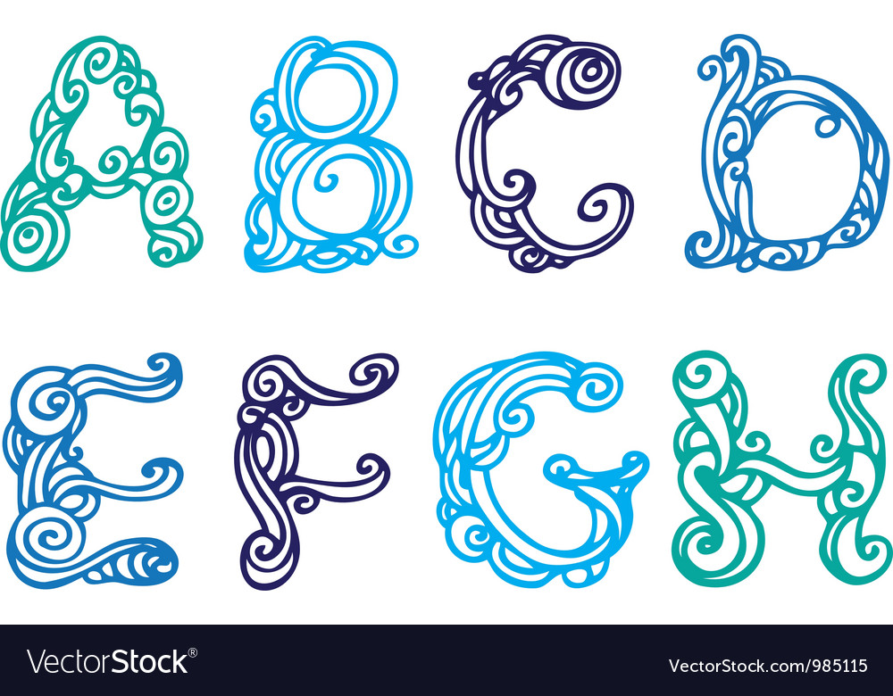 Swirly hand drawn font letters set a-h