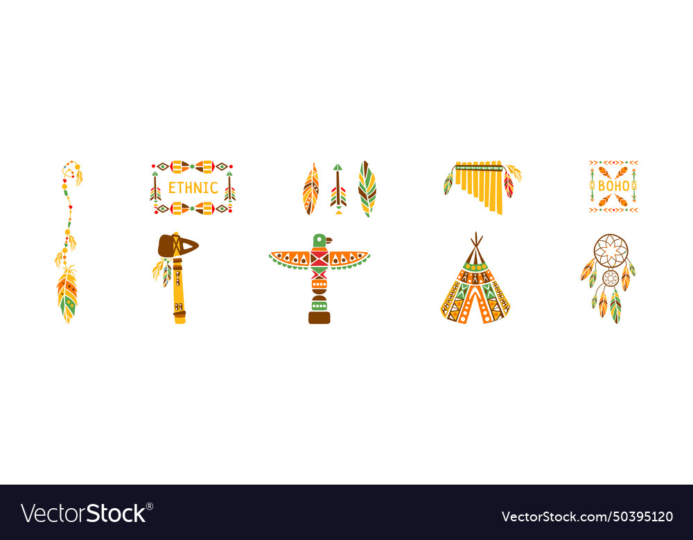 Ethnic indian symbol and tribal object set vector image Ethnic indian symbol and tribal object set